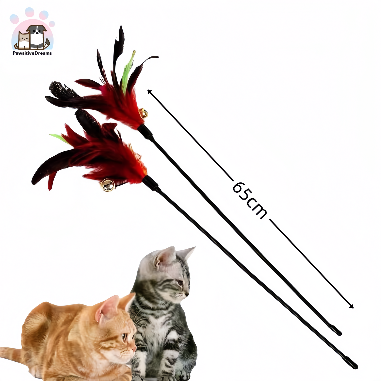 Super Long Colorful Feather Teaser Cat Wand With Bell, 25.59 inches, Self-Entertaining Toy - Pawsitive Dreams