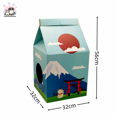 Japanese Culture Milk Box Carton Shape Cat Scratching Board and Cat House - Pawsitive Dreams