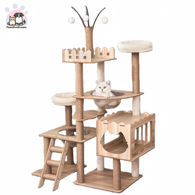 Lechong Morden Wooden Extra Large Multi-Level Cat Tree With Cat Scratching Posts, Stairs, Ball - Pawsitive Dreams