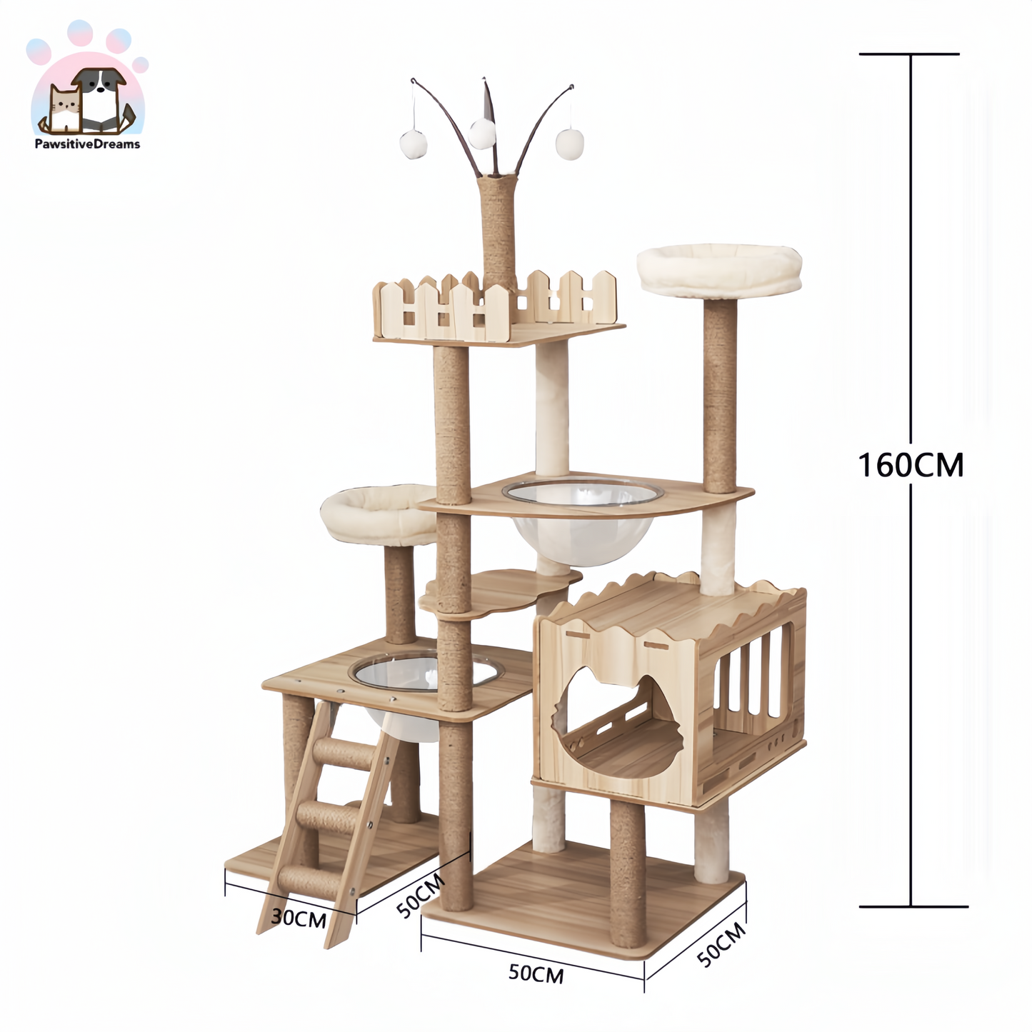 Lechong Morden Wooden Extra Large Multi-Level Cat Tree With Cat Scratching Posts, Stairs, Ball - Pawsitive Dreams