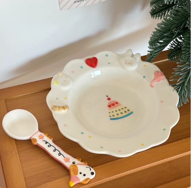 Whisker-Friendly Hand-Painted Bunny Relief Ceramic Cat Plate