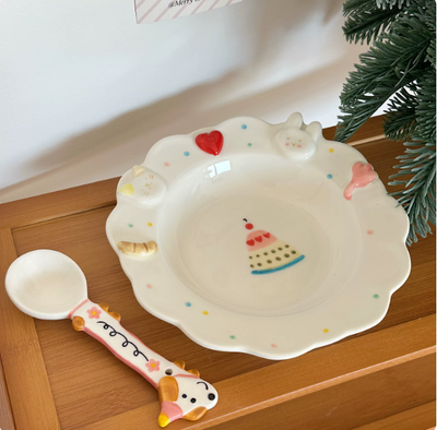 Whisker-Friendly Hand-Painted Bunny Relief Ceramic Cat Plate