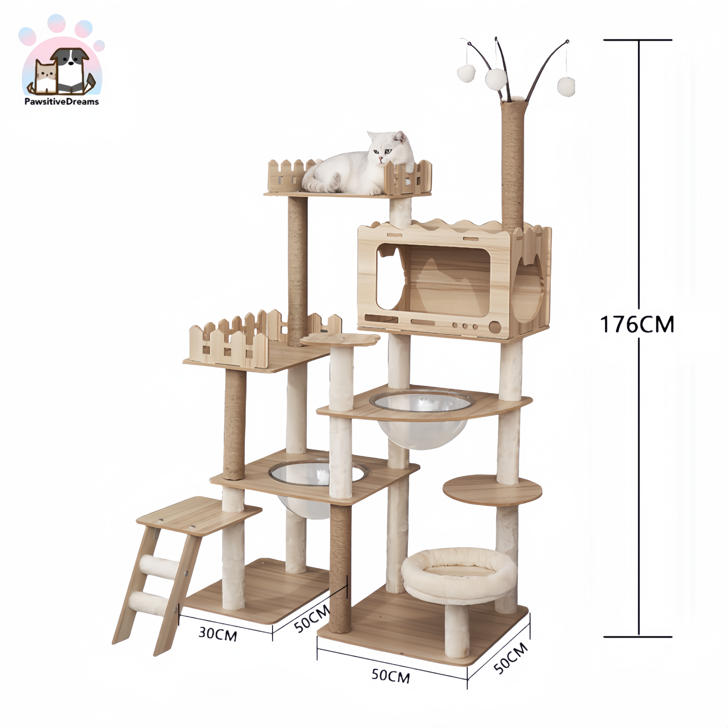 Lechong Morden Wooden Extra Large Multi-Level Cat Tree With Cat Scratching Posts, Stairs, Ball - Pawsitive Dreams