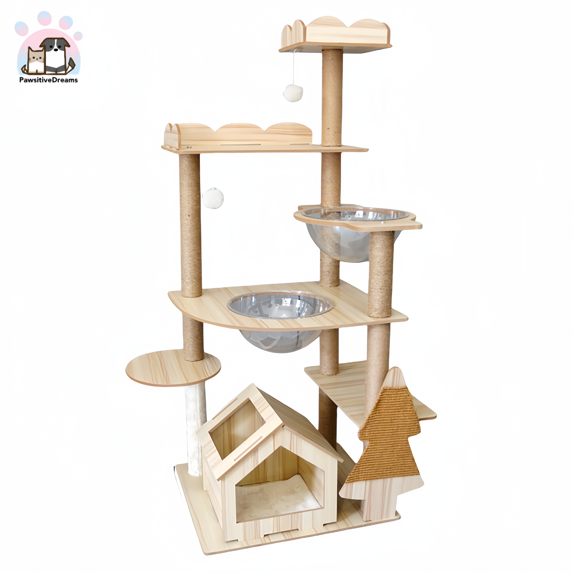 Lechong Morden Wooden Small Size Cat Tree With Cat Scratching Posts, Ball And Bed - Pawsitive Dreams