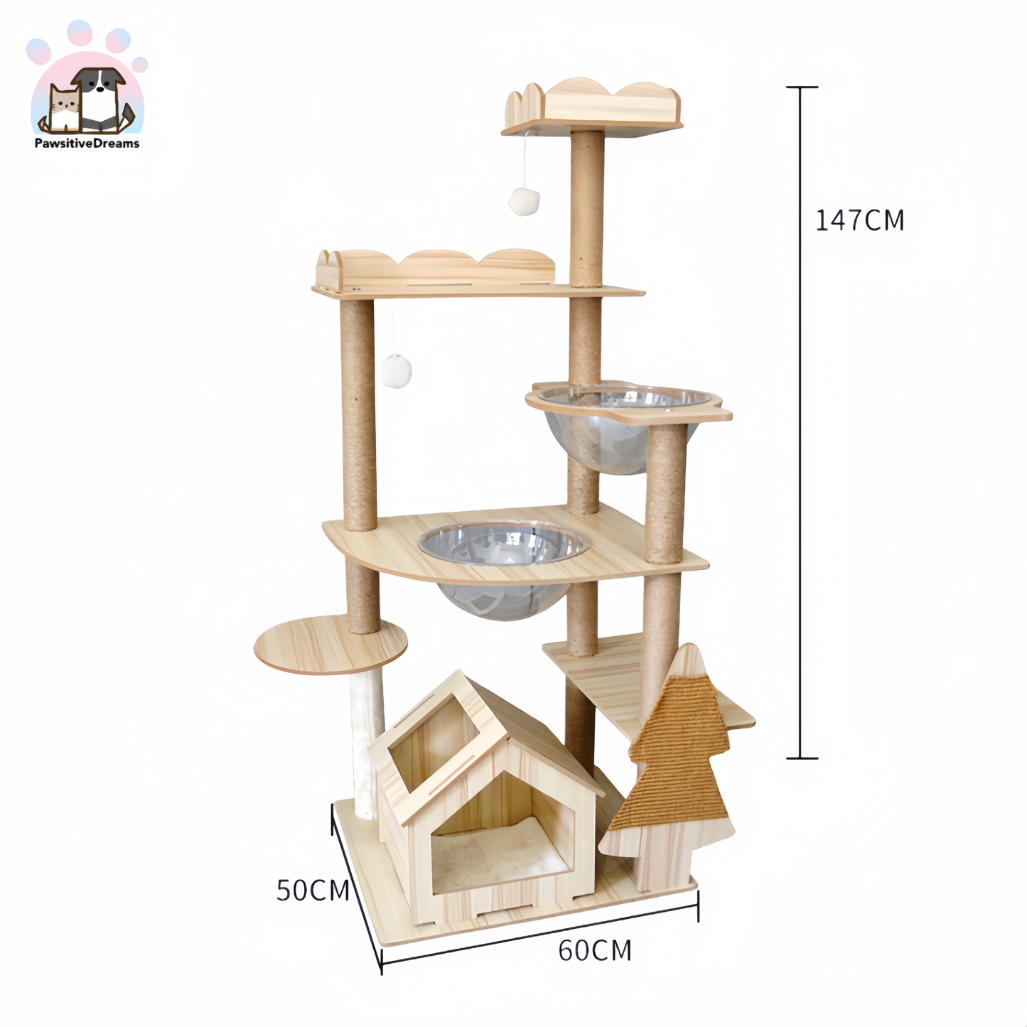 Lechong Morden Wooden Small Size Cat Tree With Cat Scratching Posts, Ball And Bed - Pawsitive Dreams