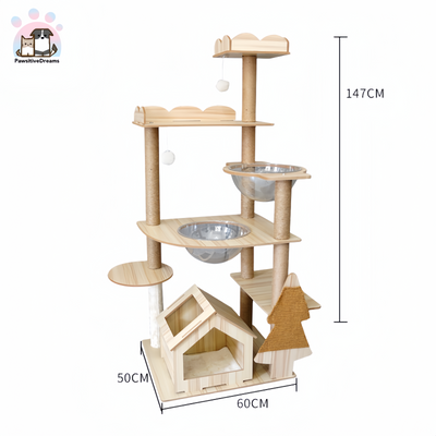 Lechong Morden Wooden Small Size Cat Tree With Cat Scratching Posts, Ball And Bed - Pawsitive Dreams