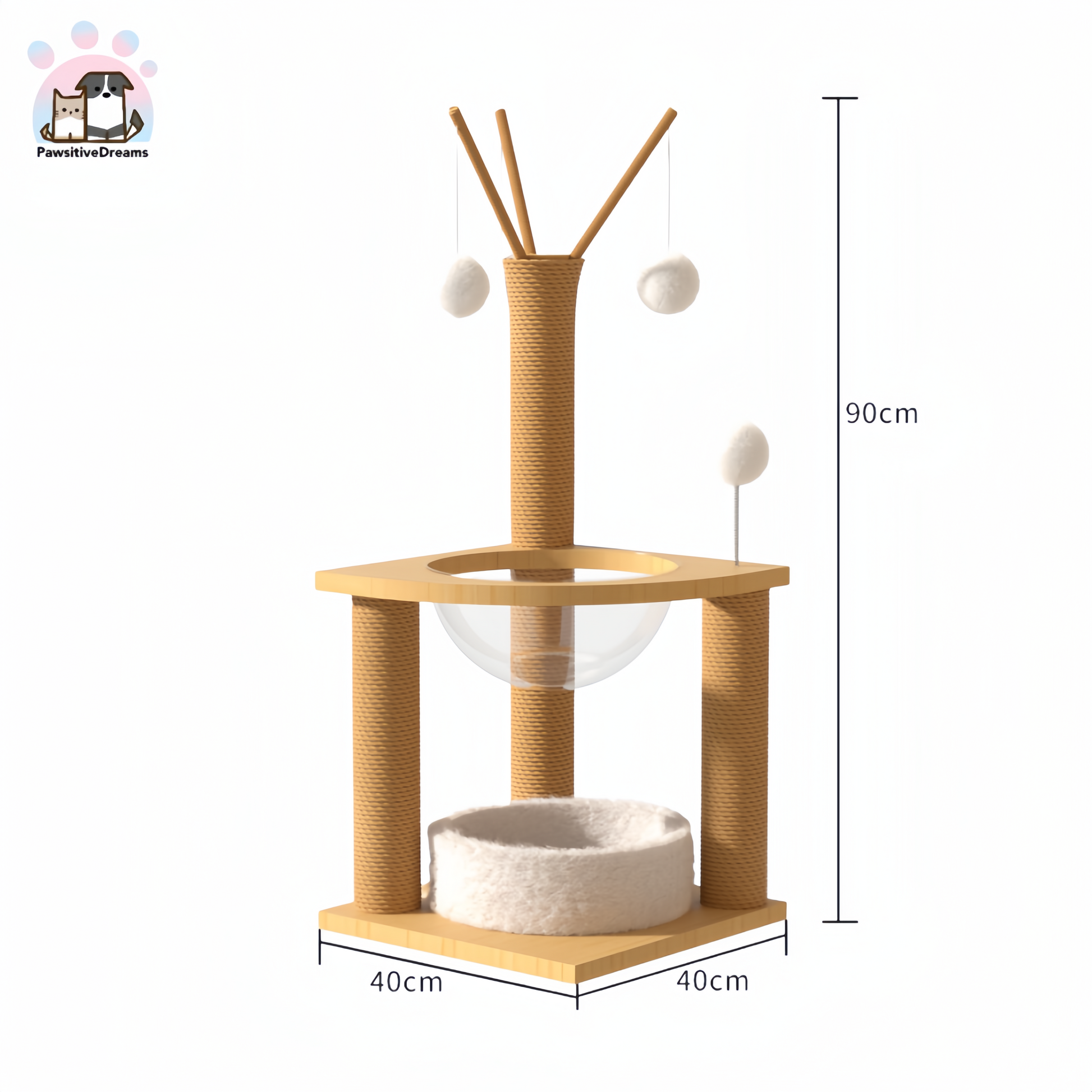 Lechong Morden Wooden Small Size Cat Tree With Cat Scratching Posts, Ball And Bed - Pawsitive Dreams