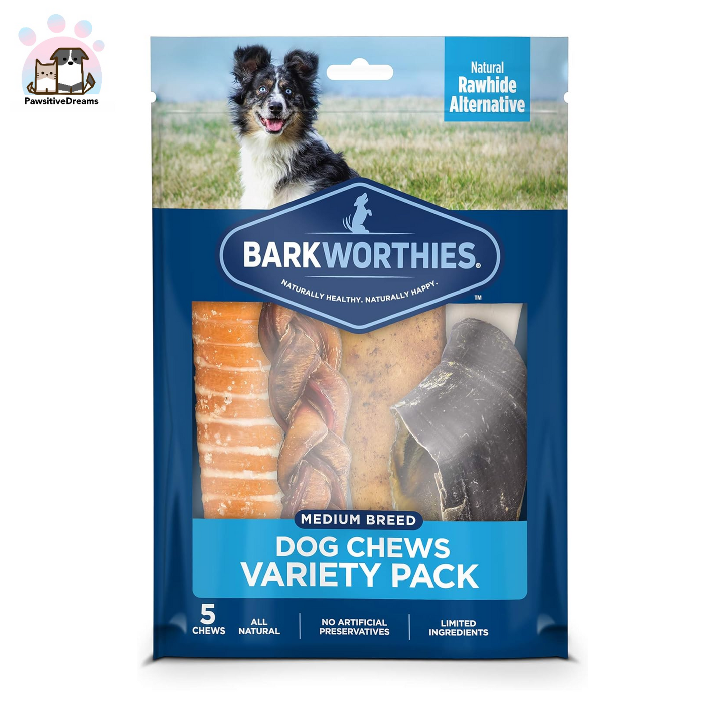 Barkworthies Healthy Dog Treats & Chews Variety Pack, Protein-Rich, All-Natural, Highly Digestible, Rawhide Alternative - Pawsitive Dreams