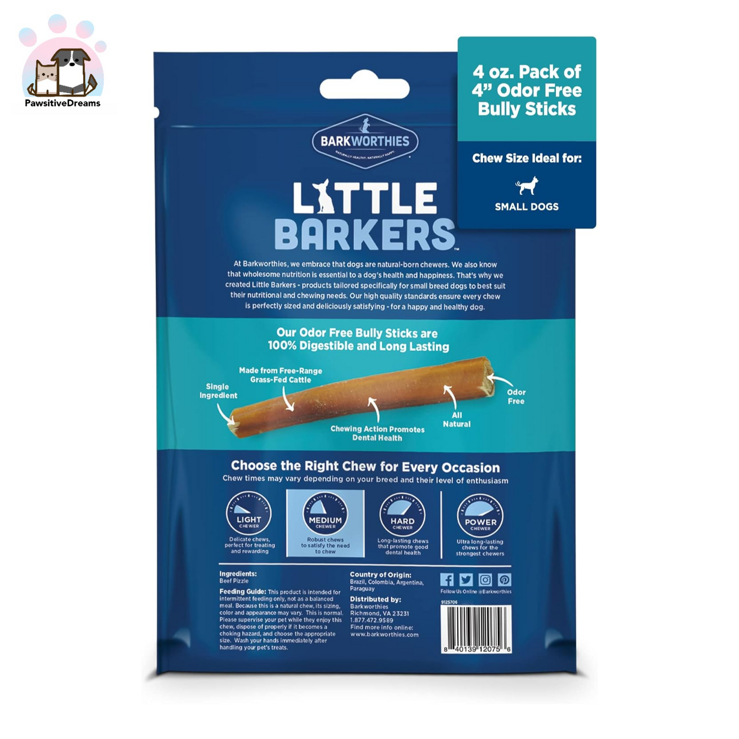 Barkworthies Little Barkers Odor Free 4-Inch Bully Stick Dog Chew, Medium Strength Chews - Pawsitive Dreams