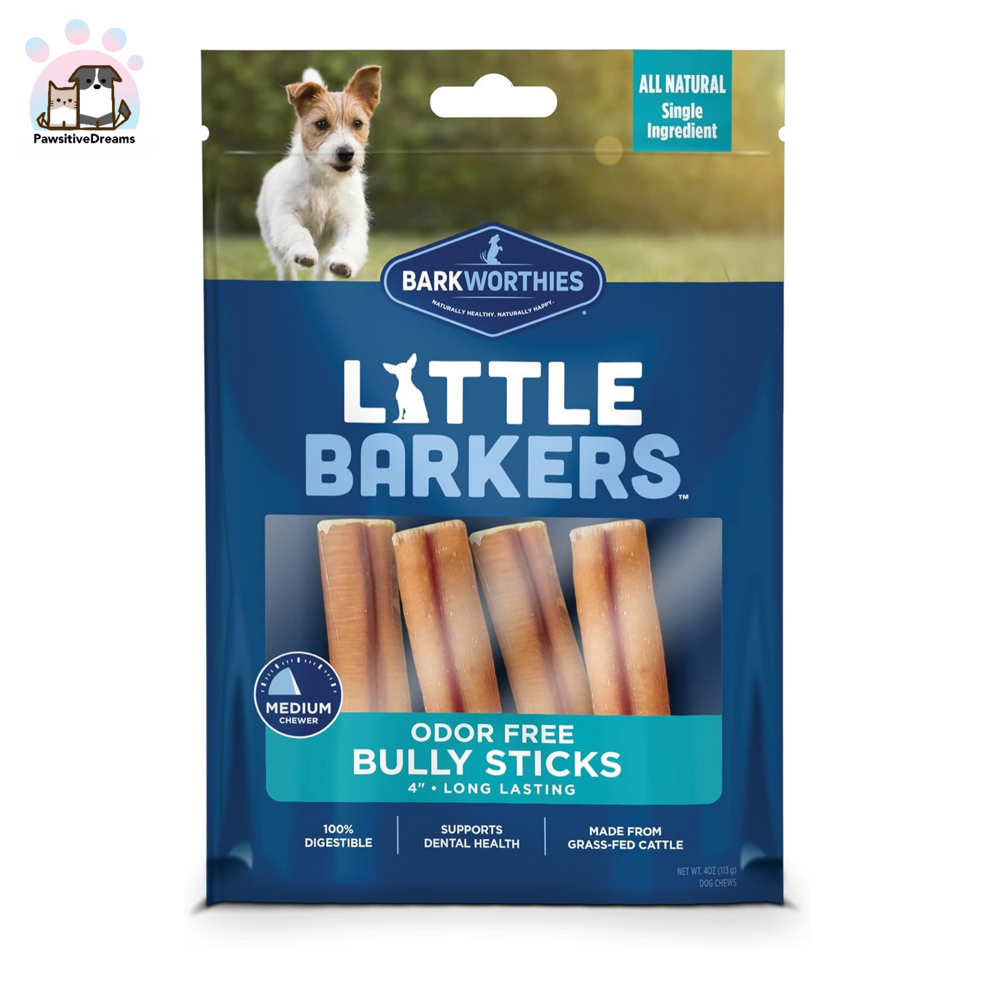 Barkworthies Little Barkers Odor Free 4-Inch Bully Stick Dog Chew, Medium Strength Chews - Pawsitive Dreams